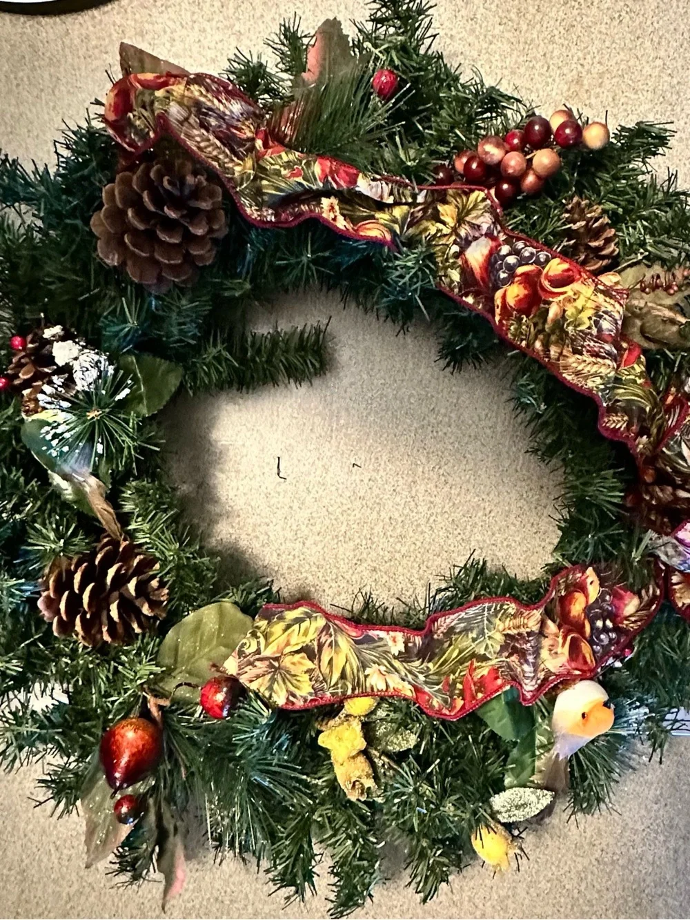 Hand Crafted Green Pine Wreath with Red and Brown Accents